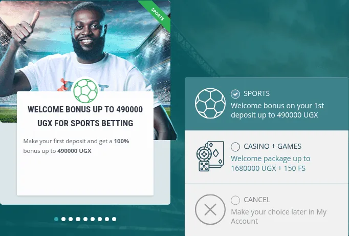 Bonus choice panel on the 22bet Uganda sign-up page: sports up to 490000 UGX, casino up to 1680000 UGX plus 150 FS, or cancel