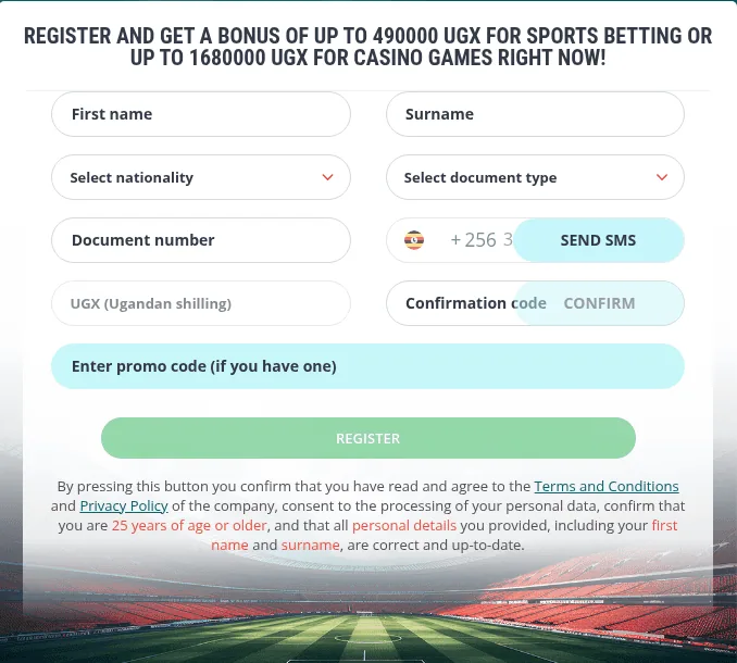 22bet Uganda sign-up card: name, nationality, document type, phone with +256, UGX currency, promo code field and the 25+ confirmation text